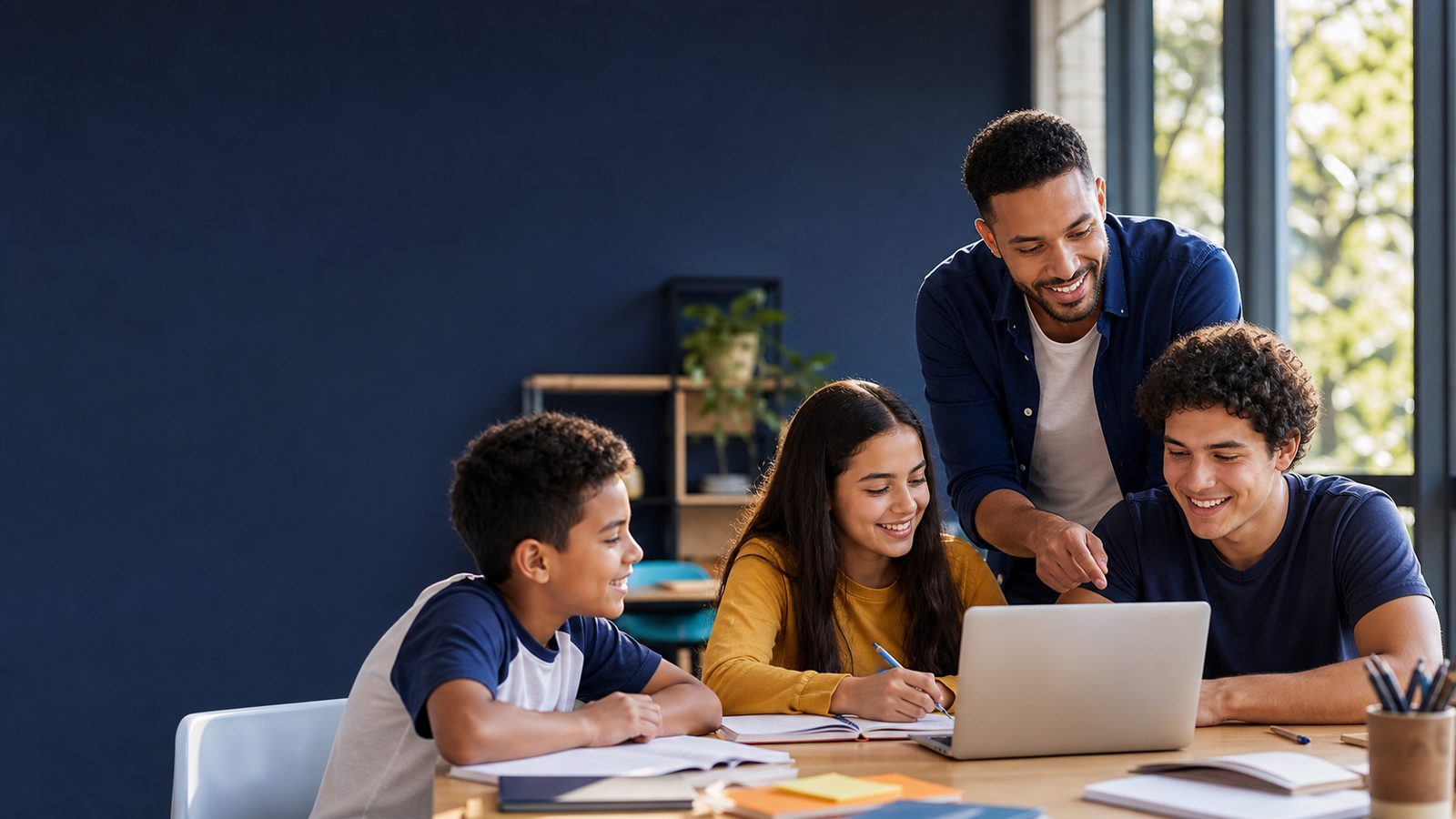 Estudantes de diferentes idades aprendendo juntos com o apoio de um professor